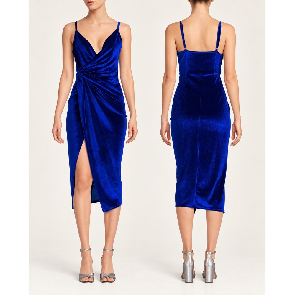 Double Crazy Royal Cobalt Blue Velvet Twist Front Midi Dress M Old Hollywood